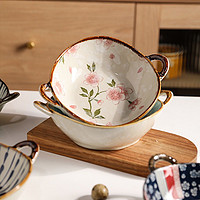舍里 日式复古陶瓷双耳碗盘子沙拉碗菜盘子家用摆盘创意不规则面碗汤碗