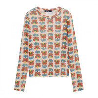 EPTISON 衣品天成 女士圆领长袖t恤 AWT992R 白底红花 L