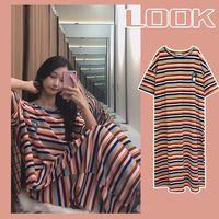 大码女装夏季条纹宽松睡裙薄款冰丝过膝长款睡衣裙子胖mm200斤300