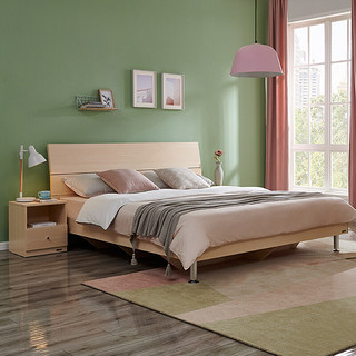 PLUS会员：QuanU 全友 106302 简约板式床+床头柜 白橡木色 150*200cm