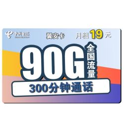 CHINA TELECOM 中国电信 5G翼安卡19元/月 90G全国流量卡+300分钟 送30话费 低月租