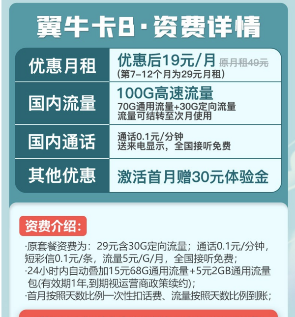 CHINA TELECOM 中国电信 翼牛卡 月租19元 （70G通用流量、30G定向流量）