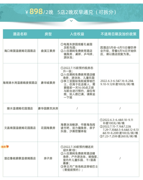海南度假！海口/三亚/陵水等地 7家温德姆酒店2晚含早可拆分通兑套餐