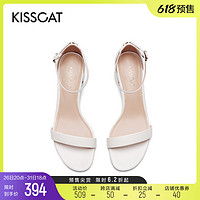 KISSCAT 接吻猫 简约通勤一字带女鞋2022夏季新款素版圆头粗跟一字带凉鞋女