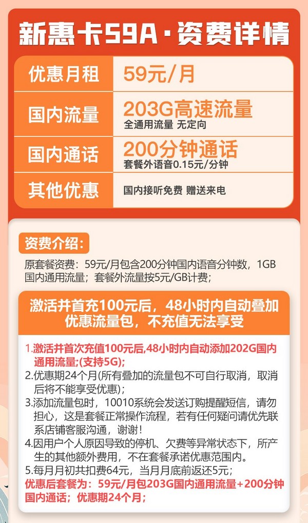 China unicom 中国联通 新惠卡 59元月租 （203G通用流量、200分钟通话）