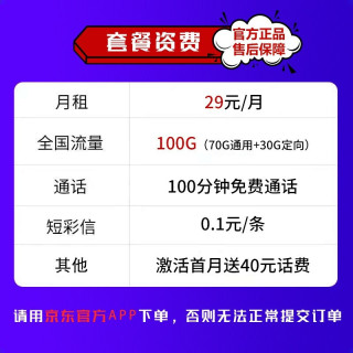 中国电信 低月租手机卡流量卡不限速5G上网卡全国通用4G号码卡电话卡 晴风卡29月租100G大流量+100分钟-QF1