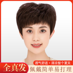 Springsunshine 假发女短发真人发丝女士中老年妈妈款假发套全真发自然蓬松全头套