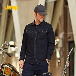 jeep吉普2022年新款男士休闲多袋工装免烫外穿美式牛仔长袖衬衫男 4XL 纯黑