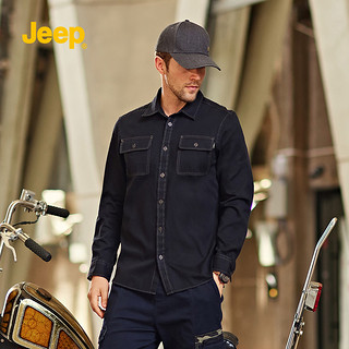 jeep吉普2022年新款男士休闲多袋工装免烫外穿美式牛仔长袖衬衫男 XL 纯黑
