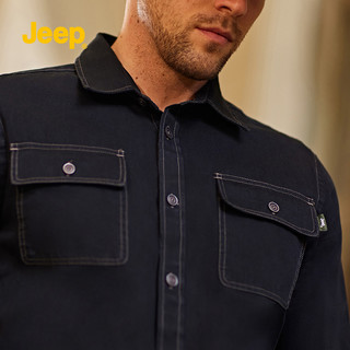 jeep吉普2022年新款男士休闲多袋工装免烫外穿美式牛仔长袖衬衫男 4XL 纯黑