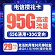  中国电信 樱花卡 29元/月（65GB通用流量、30GB专属流量） 长期套餐　