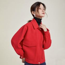 sharejewelry熙然冬装气质拉链纯色宽松短款毛呢外套女双面呢大衣