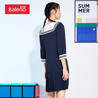 班尼路（Baleno）2021年夏季学院风甜美减龄海军领中袖连衣裙百褶a字裙 008B蓝色 M