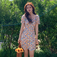 森马 Semir法式复古方领泡泡袖雪纺裙夏季新油画感印花连衣裙女