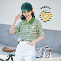 INMAN 茵曼 梨涡2022夏季新款套头宽松爱心绣章条纹翻领短袖T恤女士上衣 S 绿条纹