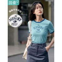 茵曼印花圆领T恤女2022年夏季新款套头潮趣宽松显瘦短款短袖上衣 湖蓝色 M 湖蓝色 S