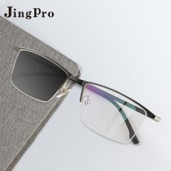 JingPro 镜邦 变色半框超轻合金镜架防蓝光非球面树脂镜片 9917黑银色 1.60折射率(适合0-600度)