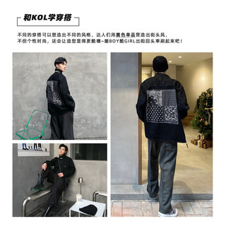 太平鸟男装春季新款腰果花拼接牛仔夹克外套宽松时尚休闲茄克潮流 黑色3 M
