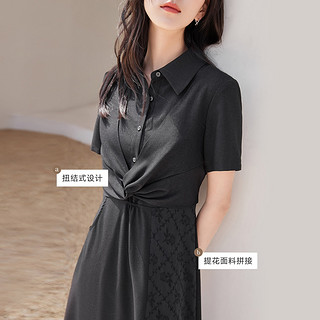 对白复古提花拼接气质连衣裙女2022夏季新款扭结设计感显瘦小黑裙