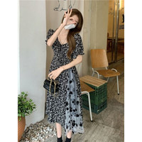 惦慕薄款碎花连衣裙女春夏2022新款法式复古设计感网纱拼接中长款裙子 黑色 L 【建议95-110斤】