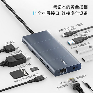 Anker 安克 Type-C扩展坞PD快充拓展坞 USB网口HDMI雷电分线器 11合1