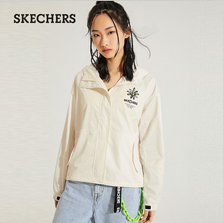 Skechers斯凯奇2021秋季新款女时尚LOGO印花休闲舒适梭织连帽外套 L 深黑色/002K