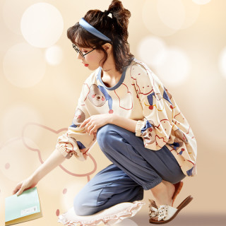 睡衣女春秋纯棉薄款全棉大码长袖家居服2022年新款夏季套装可外穿 XXL码（建议身高170-178cm,建议体重140-160斤) BYM8872