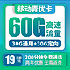  中国移动 青优卡 19元/月 60G流量+200分钟通话　