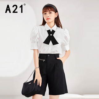 A21女装梭织宽松休闲短袖衬衫上衣多色多款可选 黑色F412210013 S