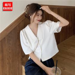 裁写大码胖mm夏季2022新款白色短袖衬衫女设计感小众法式短款上衣