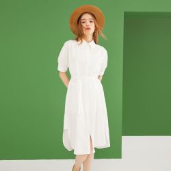 only2022夏季新款纯色收腰系扣中长衬衫短袖连衣裙女