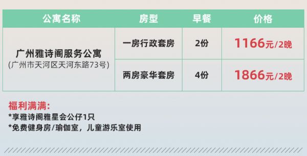 位于天河区好地段，周末节假日不加价！广州雅诗阁服务公寓 单/双卧套房2晚套餐（含双早、可拆分）