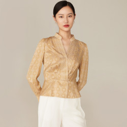 yaying雅莹中国雅莹女装如意花纹小立领收腰桑蚕丝衬衫