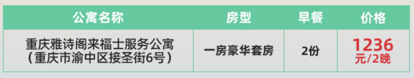 周末暑假不加价！重庆雅诗阁来福士服务公寓 一房豪华套房2晚（连住）+含早