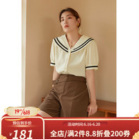 独束大码女装微胖mm盐系学院风V领衬衫女夏季撞色织带显瘦上衣22DS2726 米色-预售 XL L 米色-预售