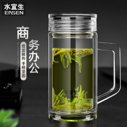 easen水宜生玻璃杯办公杯男士双层玻璃茶杯办公杯带手柄带把手商务