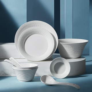玛戈隆特 餐具碗碟套装高端陶瓷国瓷碗面碗饭碗家用纯白浮雕轻2-4-6人份 2人份