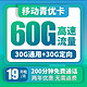 中国移动 青优卡 19元/月 60G流量+200分钟通话