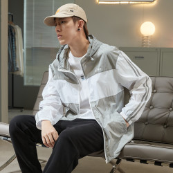 tonlion唐狮防晒衣男士防晒衣外套男男连帽拼接织带装饰短款防晒服