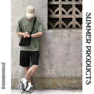 WOODSOON 冰丝短裤套装短袖T恤男生夏季潮流纯棉宽松休闲体恤穿搭 180/XL T1041松石绿【纯棉压花T恤】