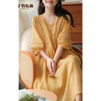 子牧棉麻 女士文艺V领连衣裙 Z22XH118680