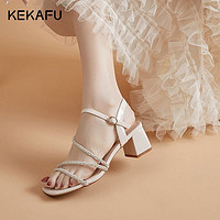 KEKAFU 珂卡芙 水钻粗跟凉鞋女夏中跟2022年新款仙女风一字带高跟鞋配裙子