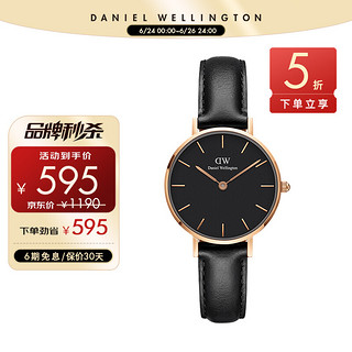 Daniel Wellington DanielWellington）DW女表金色边皮革表带28mm黑盘简约时尚欧美表DW00100224