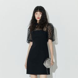 ONLY 2022新款春季旗袍领泡泡袖牛仔连衣裙女