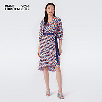 Diane Von Furstenberg DVF 2022春夏新款 蓝橘千鸟格几何精致小翻领裹身连衣裙 ANA ARWDS蓝橘千鸟格几何图案 4