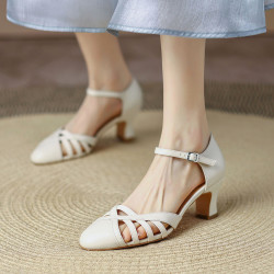 fang方爱芳2022春夏新款真皮中跟鞋女圆头粗跟中空凉鞋女时尚单鞋女鞋