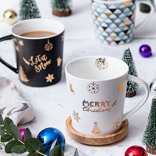 漫雨集市 圣诞节北欧创意圣诞杯子马克杯男水杯陶瓷杯带盖家用大容量女陶瓷 E蓝金三角马克杯