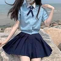 春日制服部 JK制服 韩式 夏屿高 女士刺绣学短袖衬衫 蓝色
