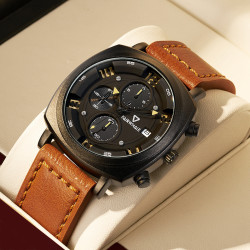 markfairwhale马克华菲方形运动手表男石英全自动多功能三眼腕表真皮