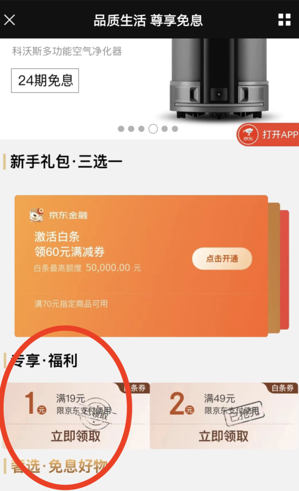 京东 白条用户专享 满19-1元白条券